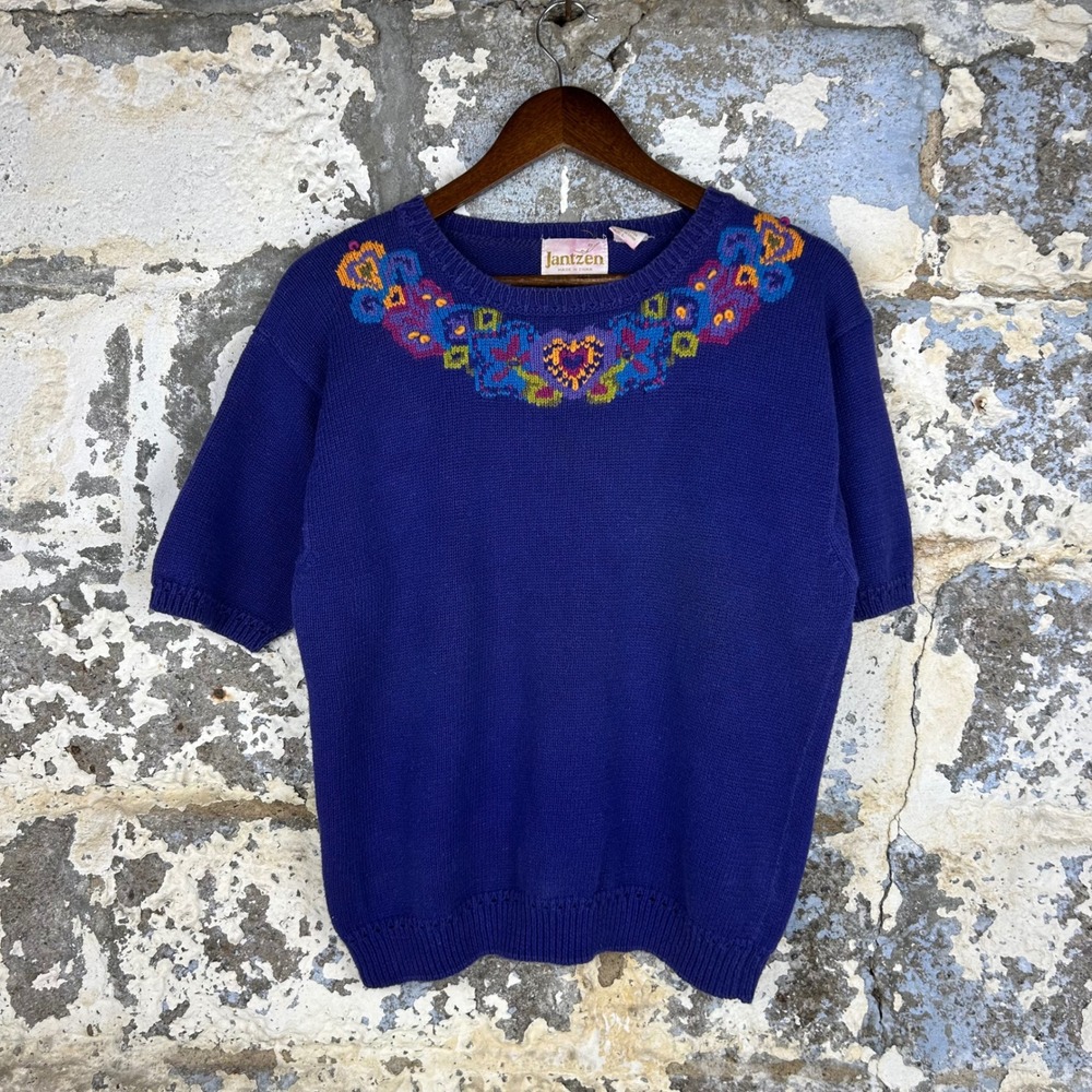 Vintage Jantzen Short Sleeve Sweater Purple Beaded Floral Heart Knit Womens L